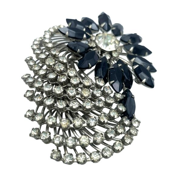 Vintage Rhinestone MCM 50’s 60’s Brooch Large Flower Floral Pin Black Glass - Picture 2 of 7